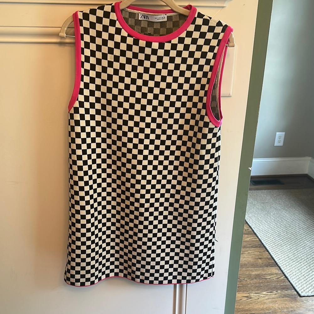 Zara Checkered Sleeveless dresswith Pink Trim